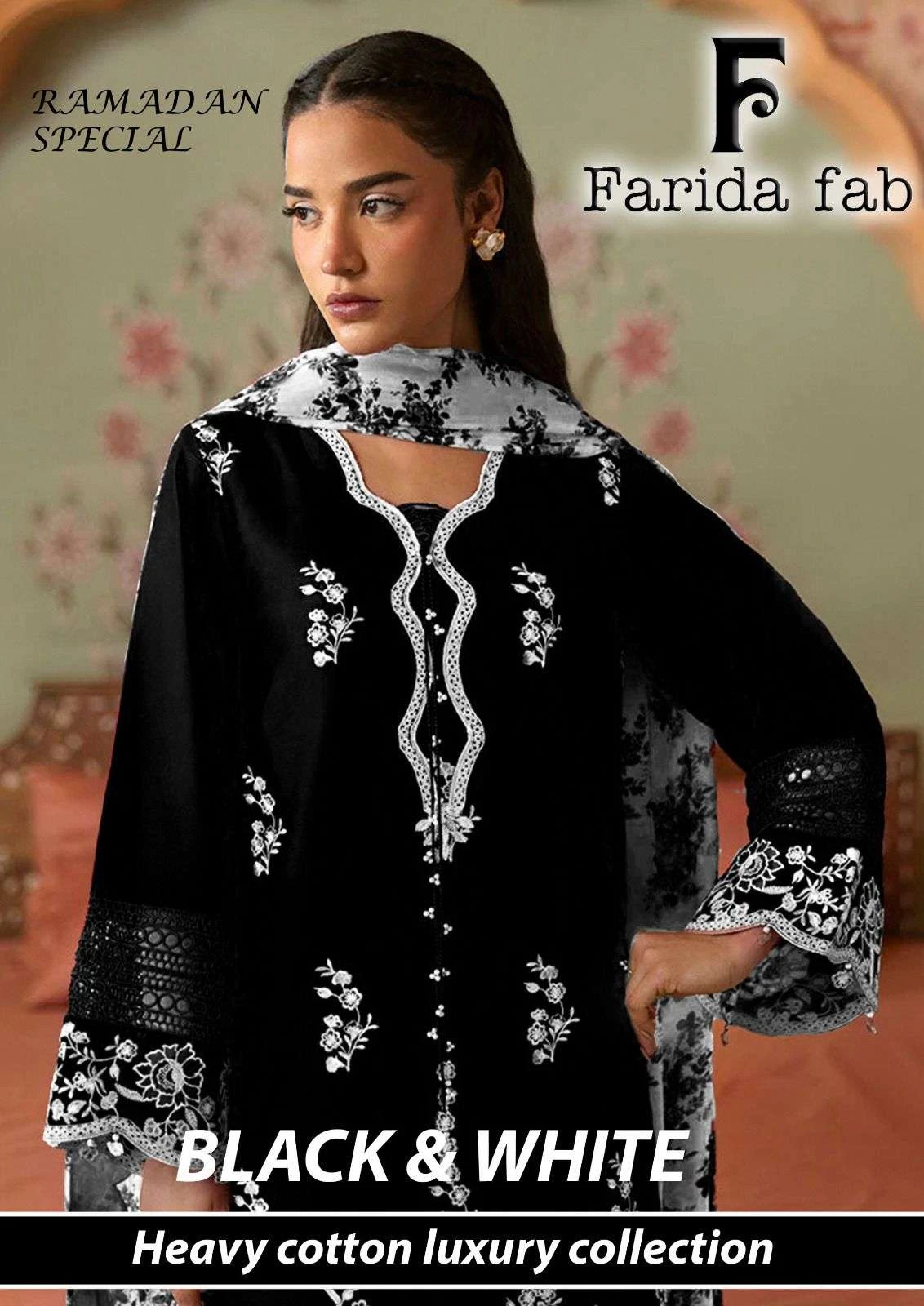 Farida fab Black & White Karachi Kurti Pant With Dupatta